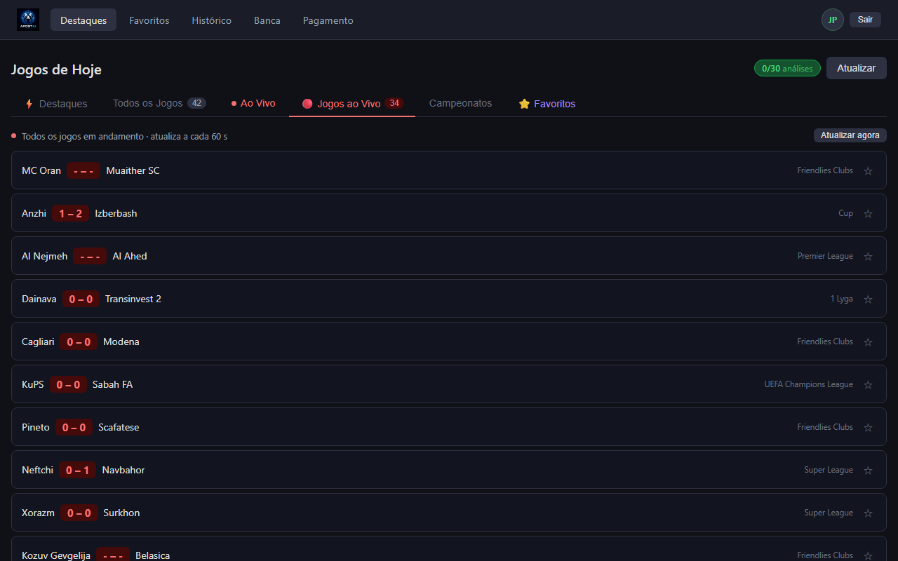 Jogos ao vivo monitorados em tempo real na plataforma Apostai